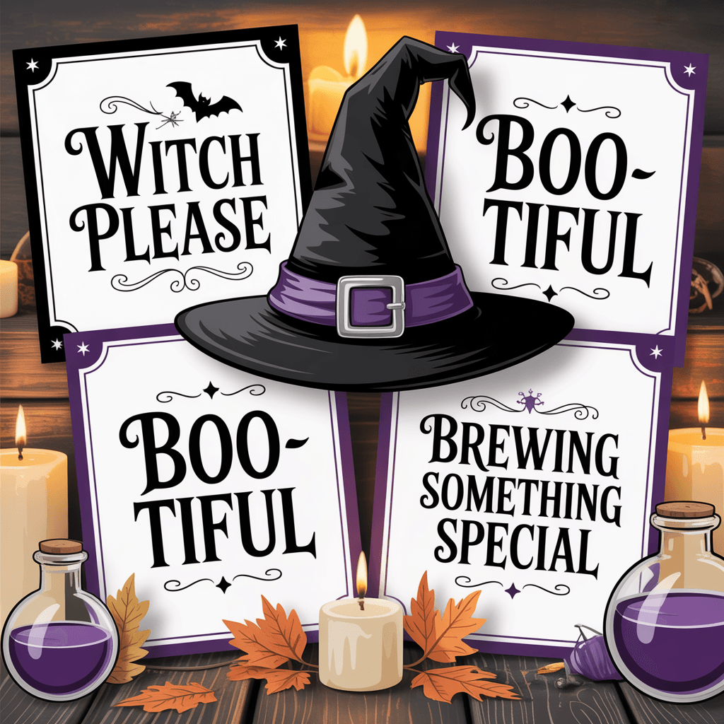 Halloween Printable Witchy Signs with witch hat at a party.