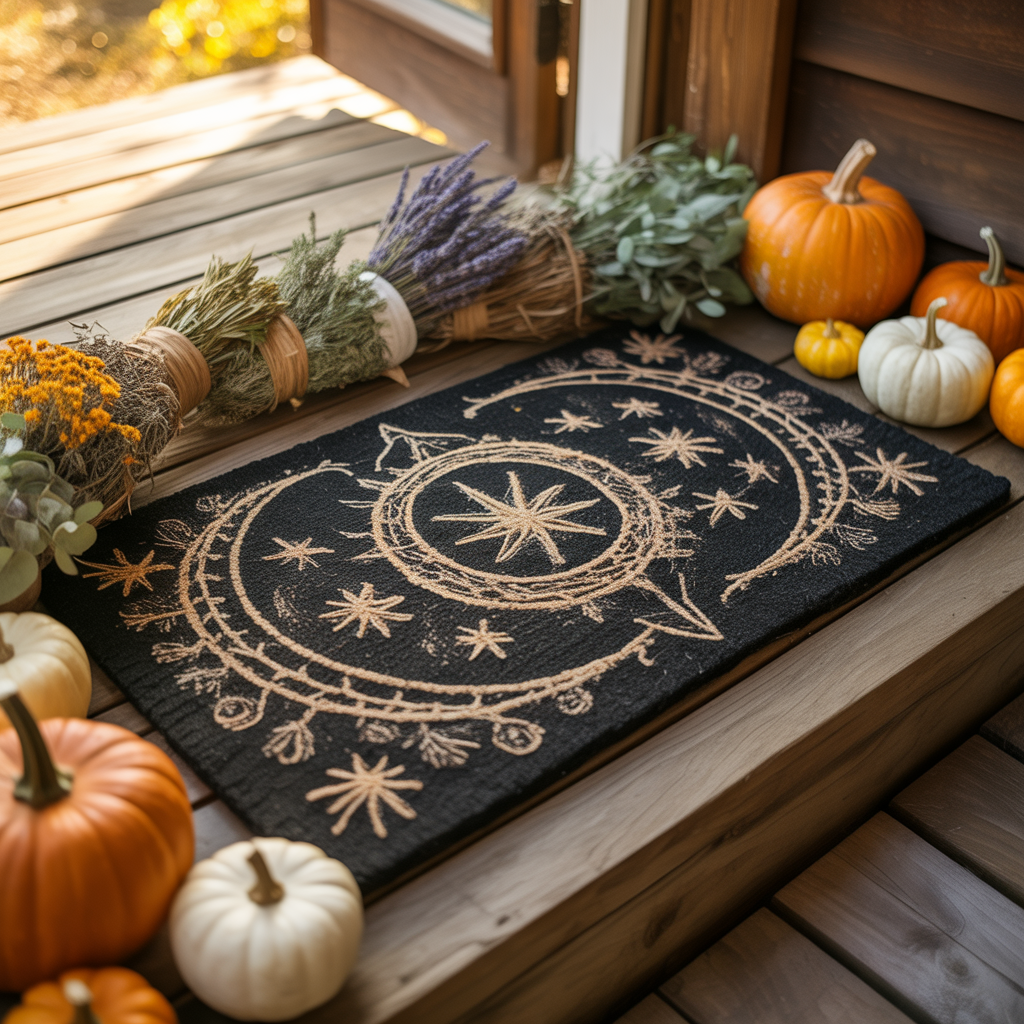 10 Cozy DIY Halloween Boho Door Mats for a Welcoming Entry 9 Halloween boho doormat with celestial and witchy symbols.