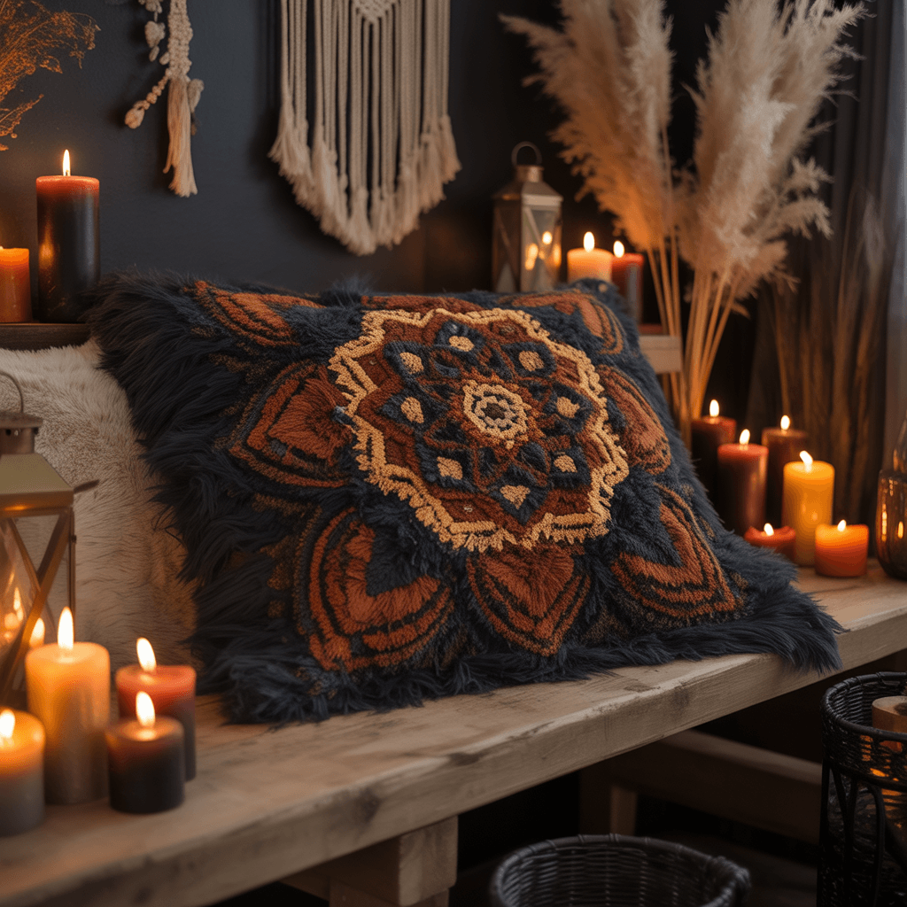 Hand-painted black and tan mandala pillow with boho Halloween feel.