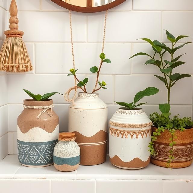 10 Boho Bathroom Ideas: Turn Your Bath Into a Relaxing Oasis 12 Handmade Boho bathroom décor featuring ceramic jars and plants.