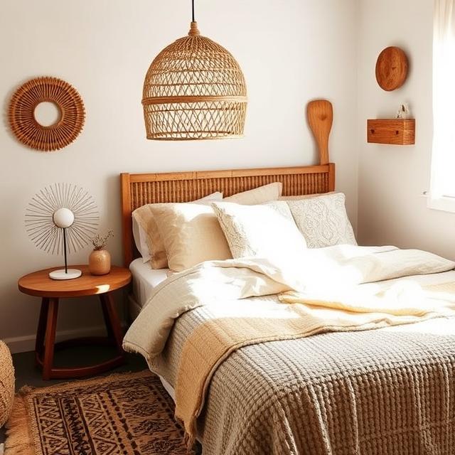 Handmade Boho wall décor and vintage mirrors above bed.