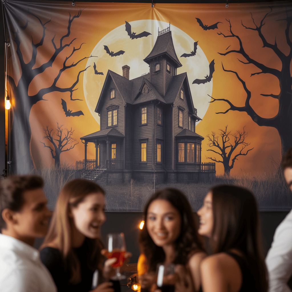 Haunted house backdrop from Free Printable Halloween Decorations at a party.