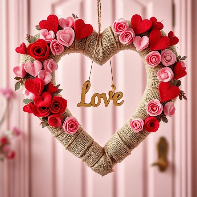 Heart-shaped Valentine’s Day wreath with pink roses and burlap ribbon