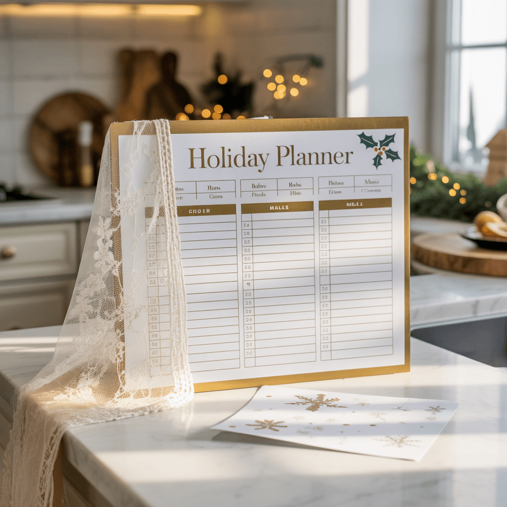 Holiday Planner Free PDF with meal planner on a kitchen counter.