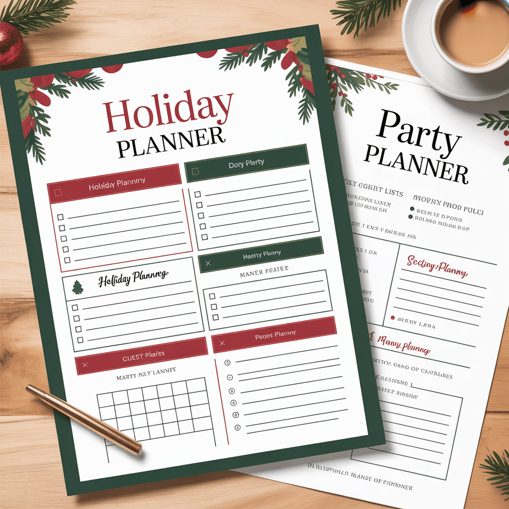 Holiday Planner Free PDF with party planner on a desk.