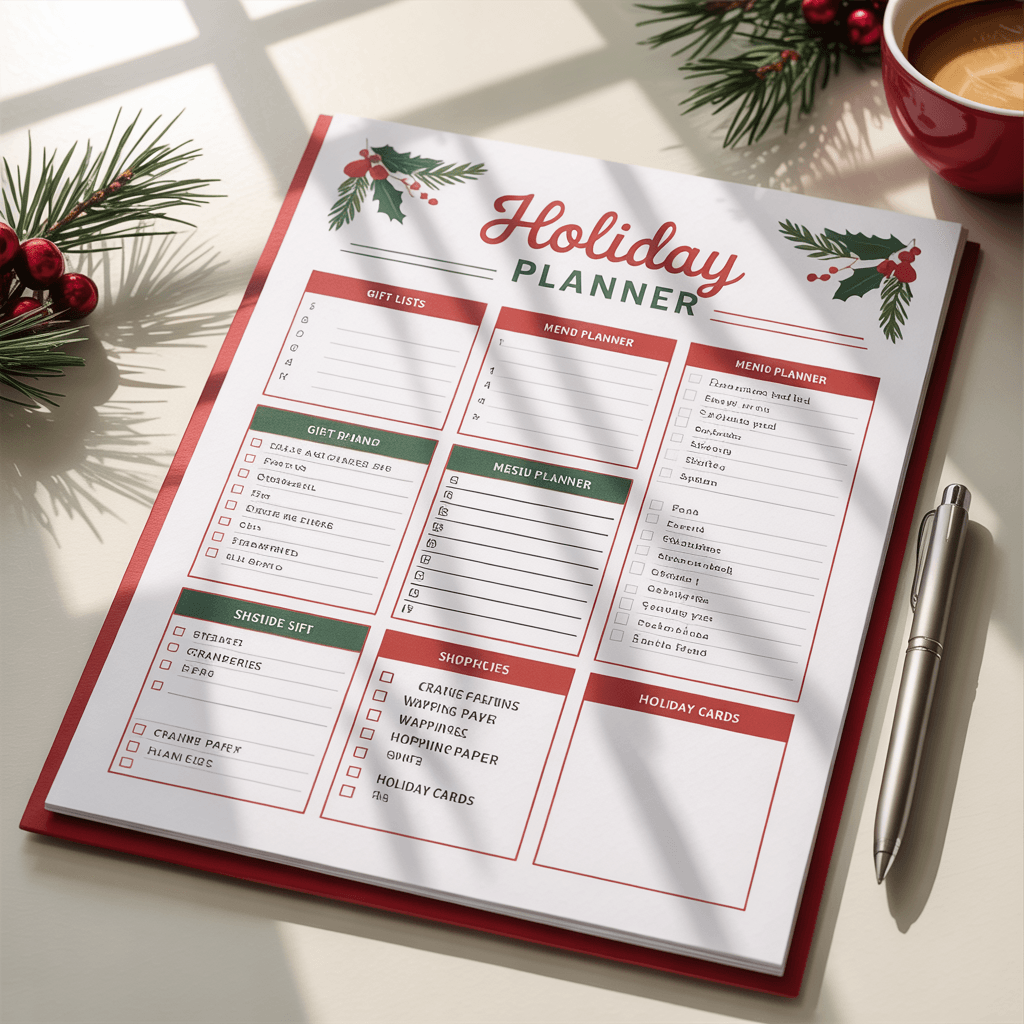 Holiday Planner Free PDF with party planner on a desk.