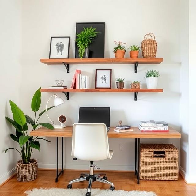 10 Genius Modern Boho Home Office Ideas for a Creative & Inspiring Workspace (2025) 9 Home office with floating wooden shelves and rattan basket storage.