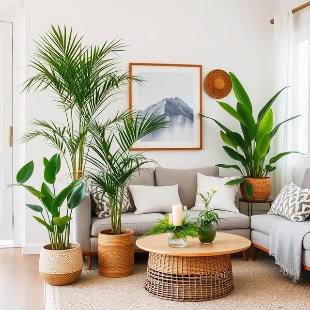 20 Modern Boho Home Décor Ideas for a Stylish 2025 Makeover 5 Indoor plants styled in a modern boho living room with bamboo décor.