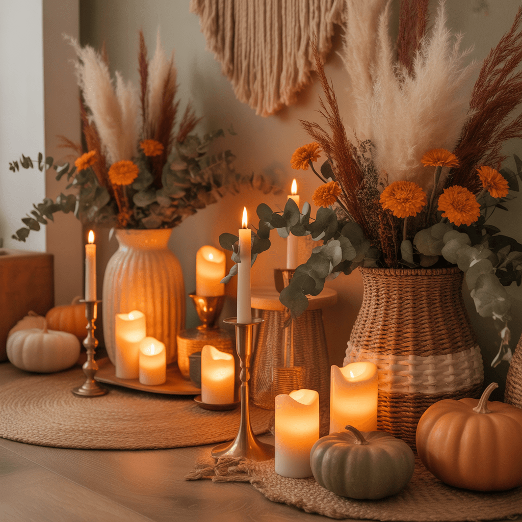  LED candles glowing beside dried florals for a moody Halloween display
