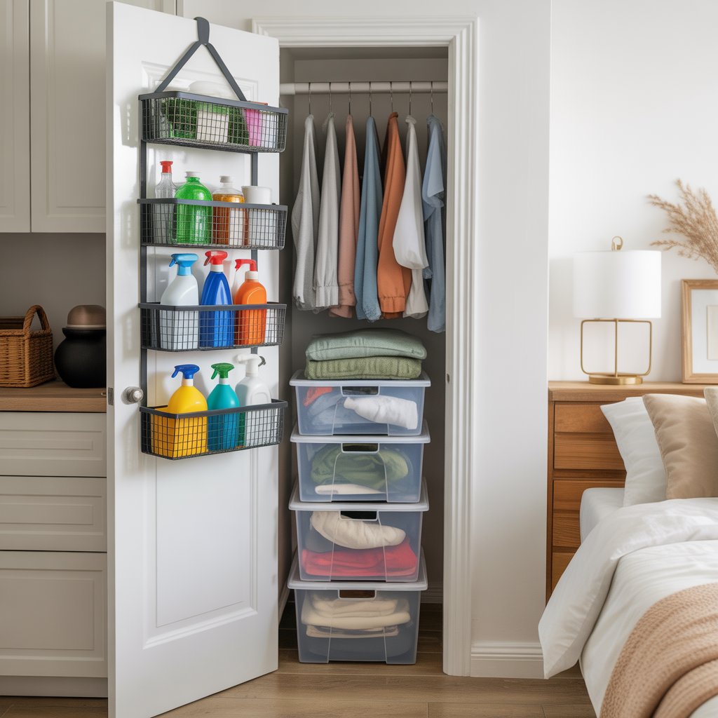 Clear storage bins under bed – organizing small rooms