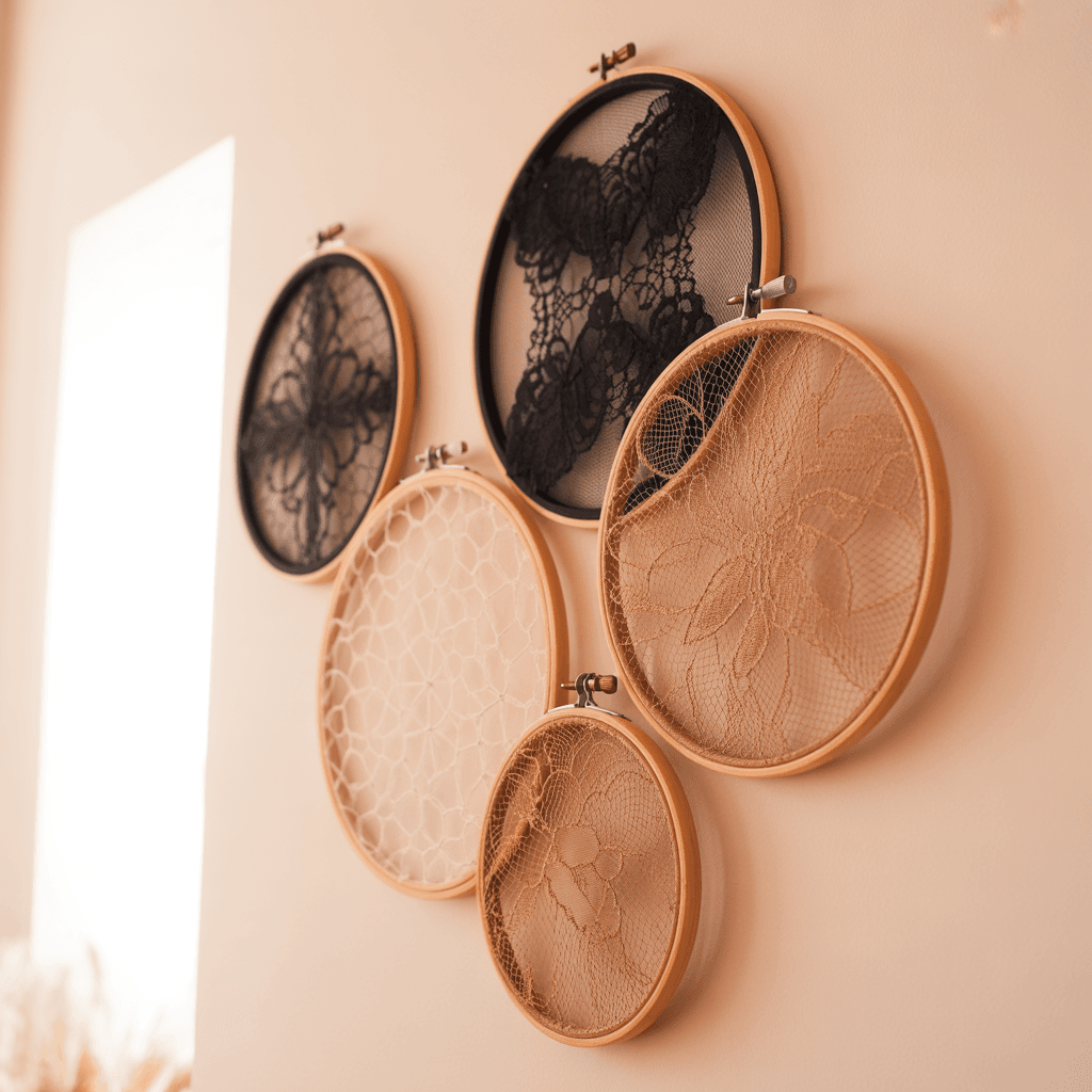 Lace embroidery hoop wall art for Halloween décor.