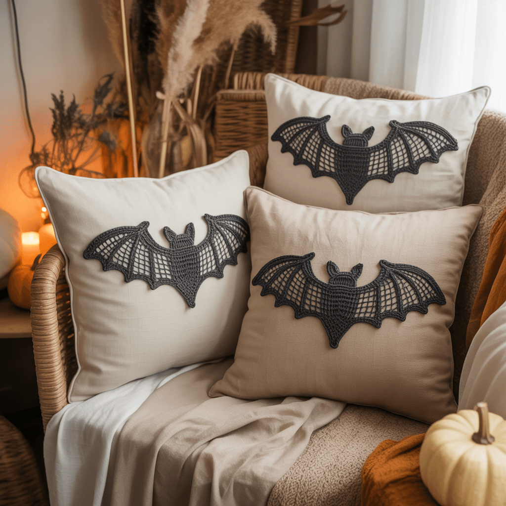 Lace overlay pillow with bat silhouette for subtle Halloween style.