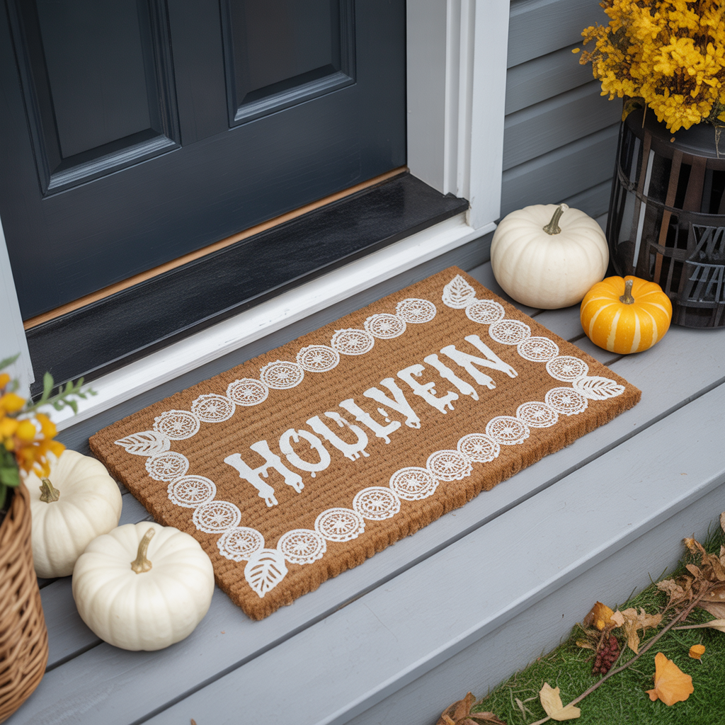 10 Cozy DIY Halloween Boho Door Mats for a Welcoming Entry 11 Lace-patterned DIY Halloween boho doormat with white designs.