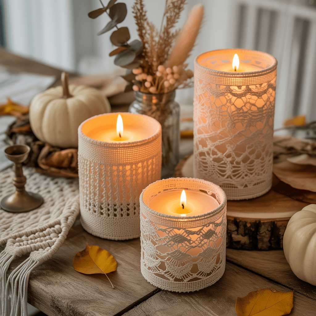  Lace-wrapped Halloween candle holder casting soft shadows.