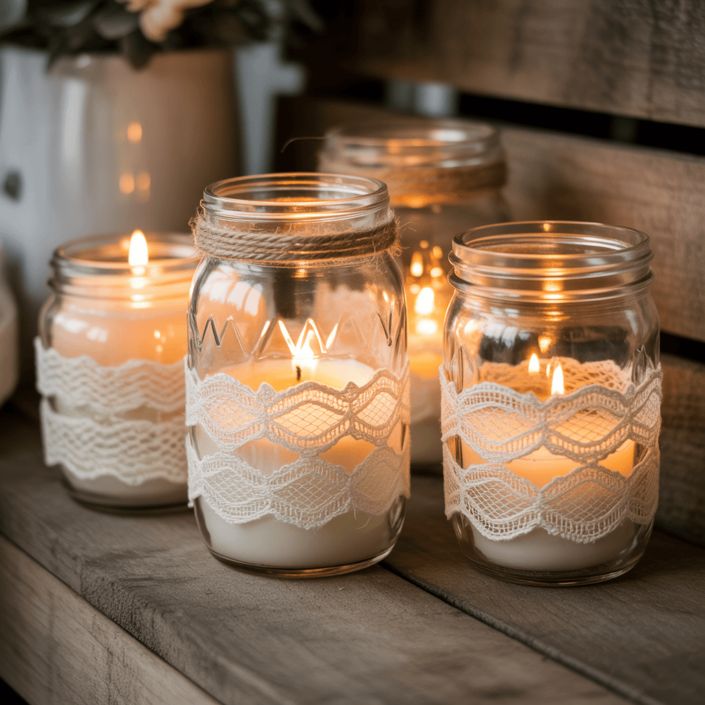  Lace-wrapped mason jar lanterns glowing softly on a rustic wooden shelf.