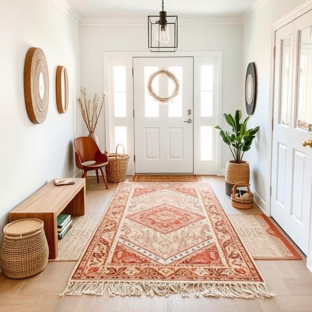 10 Boho Entryway Ideas 2025: Create a Warm Welcome on a Budget 5 Layered Boho rugs in a bright entryway with natural textures and earthy tones.