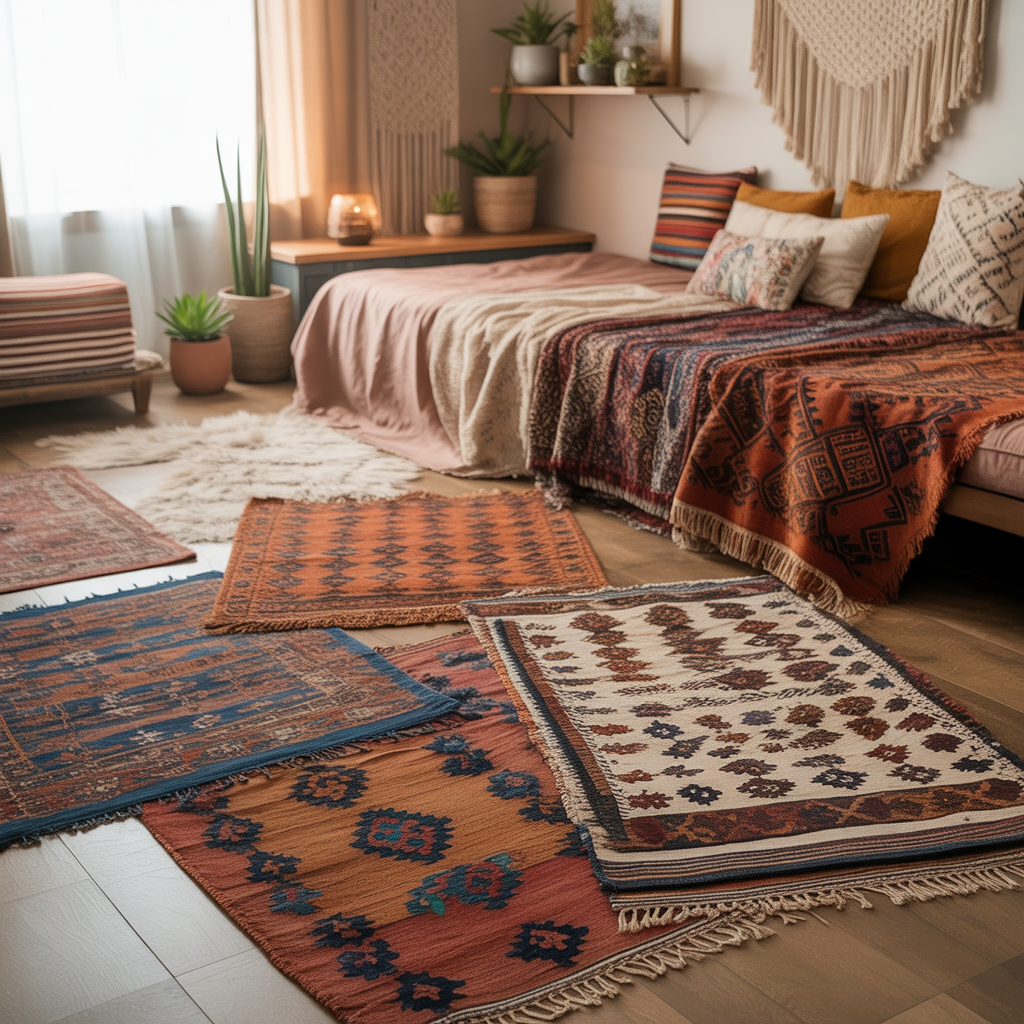 10 Best Boho Studio Apartment Ideas to Maximize Small Spaces 4 Layered Moroccan rugs in a Boho Studio Apartment Ideas setup for a small space.
