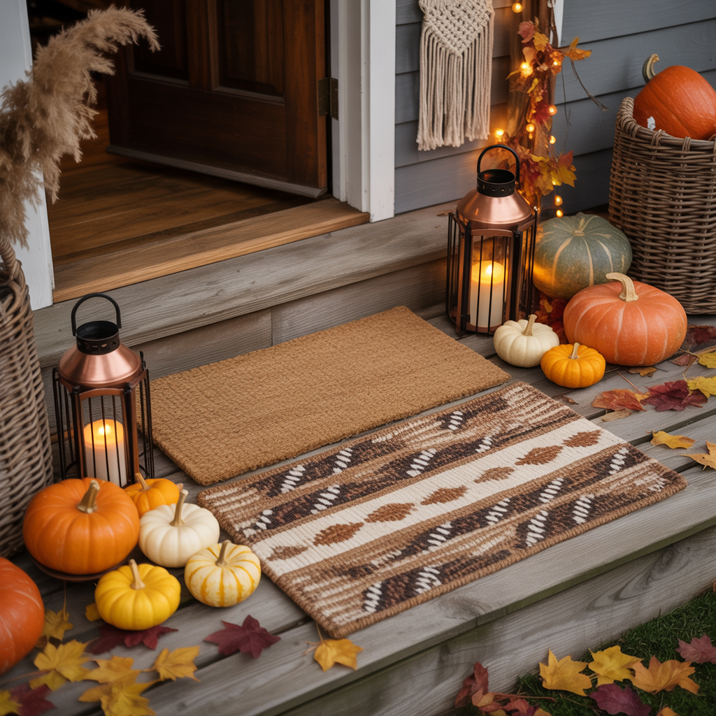 10 Cozy DIY Halloween Boho Door Mats for a Welcoming Entry 8  Layered boho Halloween doormat setup with jute rug and pumpkins.