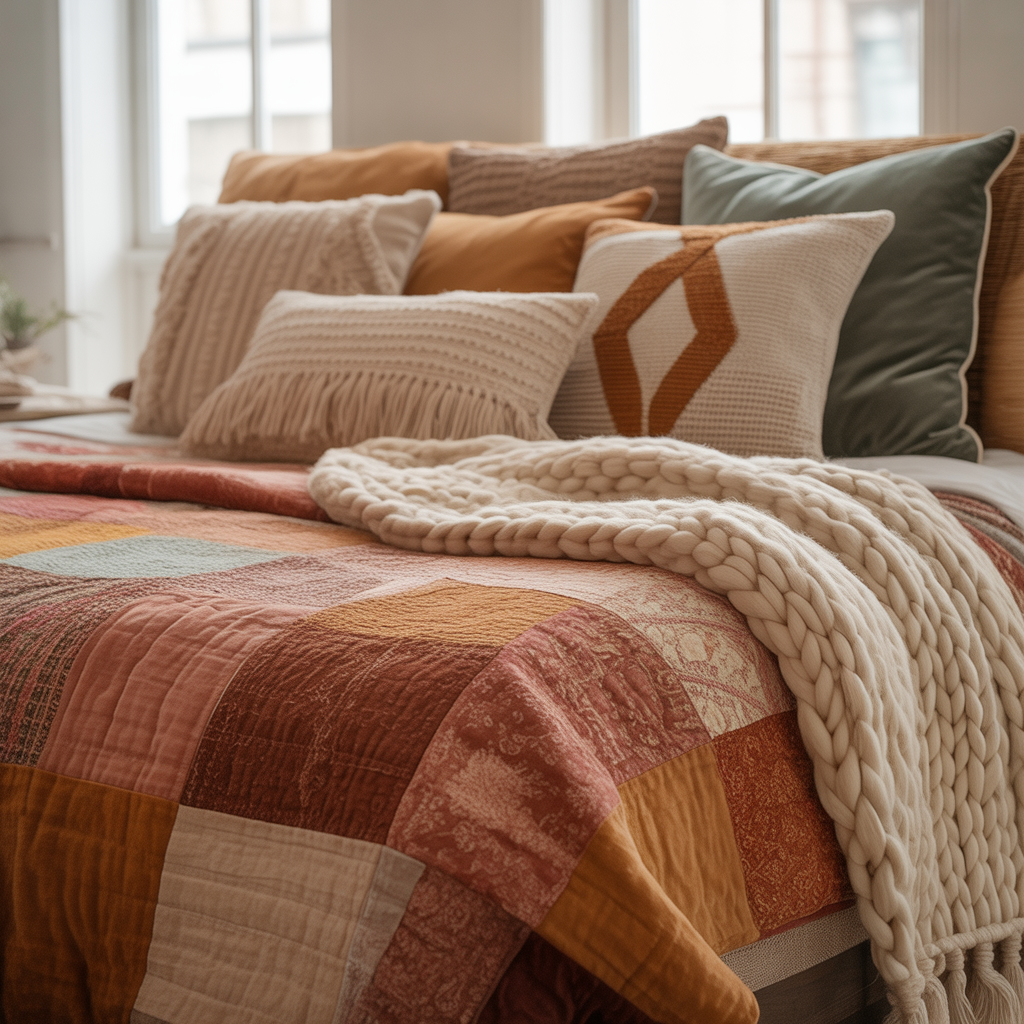 10 Boho Bedding Trends 2025: Colors, Textures & Styles You’ll Love 6 Layered boho bedding setup with quilt, throw, pillows in varied textures.