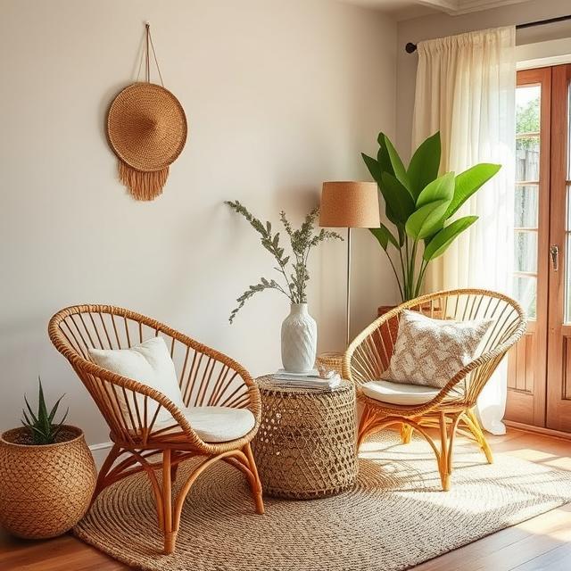 20 Modern Boho Home Décor Ideas for a Stylish 2025 Makeover 4 Layered boho textures including rattan chairs, jute rug, and linen curtains