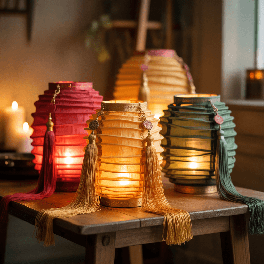 Layered fabric lanterns with tassels glowing on a table.