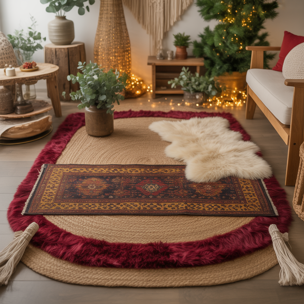 10 Stunning Boho Christmas Décor Ideas for a Whimsical Holiday Look 12 Layered festive rug in a Boho Christmas Décor Ideas holiday setup.