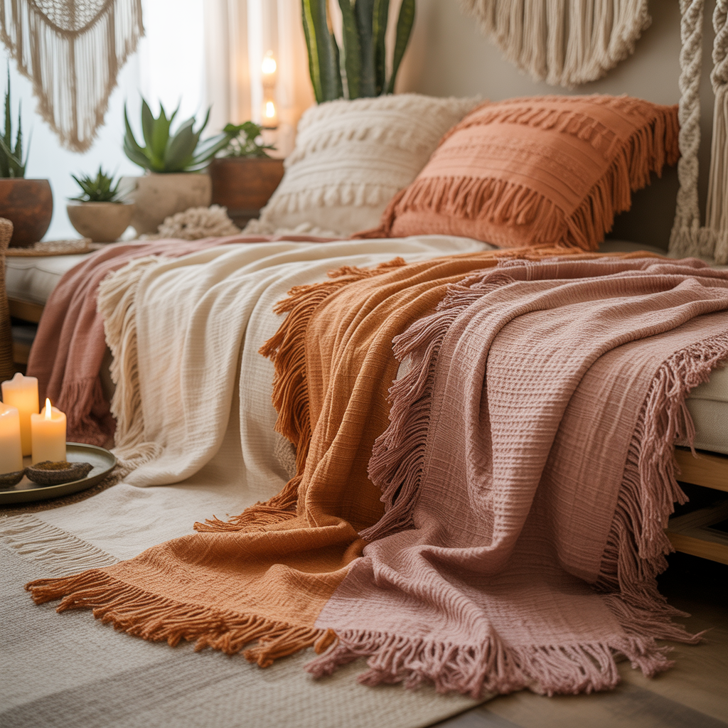Boho Meditation Corner: 10 Brilliant Ideas 7 Layered fringed blankets in a cozy Boho Meditation Corner at home.