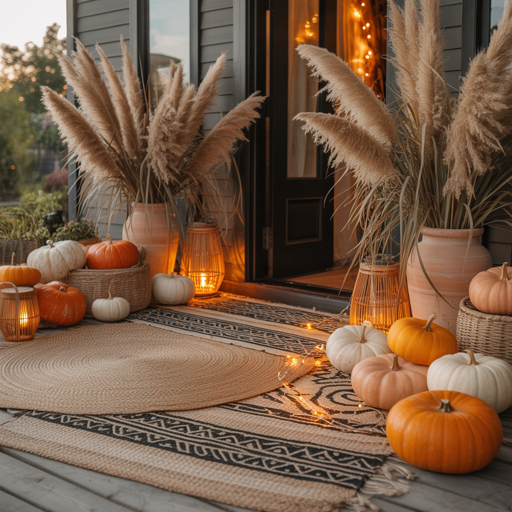 10 Boho Halloween Porch Ideas for a Cozy Outdoor Vibe 3 Layered jute and tribal rugs with pumpkins and rattan baskets for a cozy boho Halloween porch.
