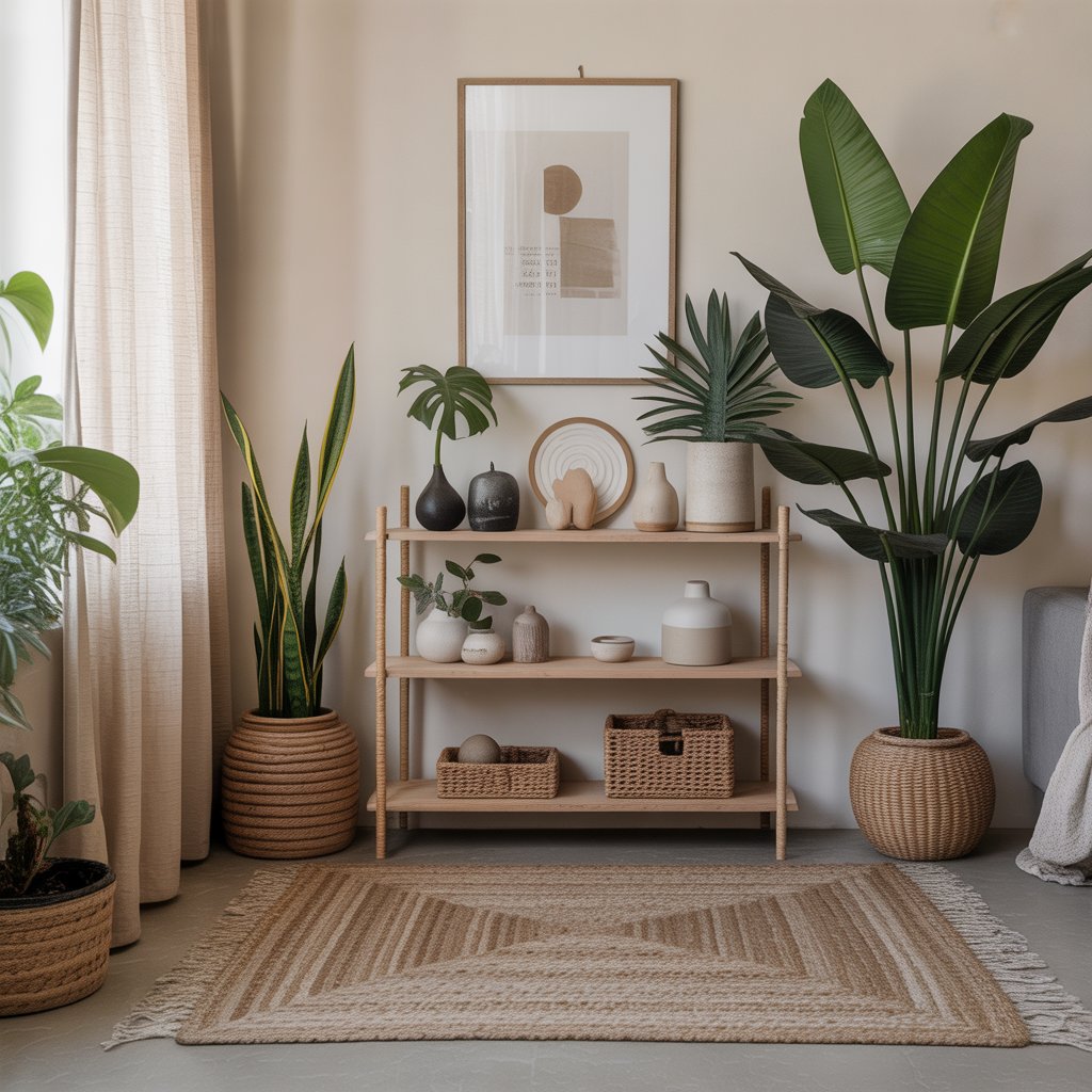 How to Mix Boho and Minimalist Styles for a Balanced Look 6 Layered neutral textiles with jute rug and linen curtains in modern boho home.