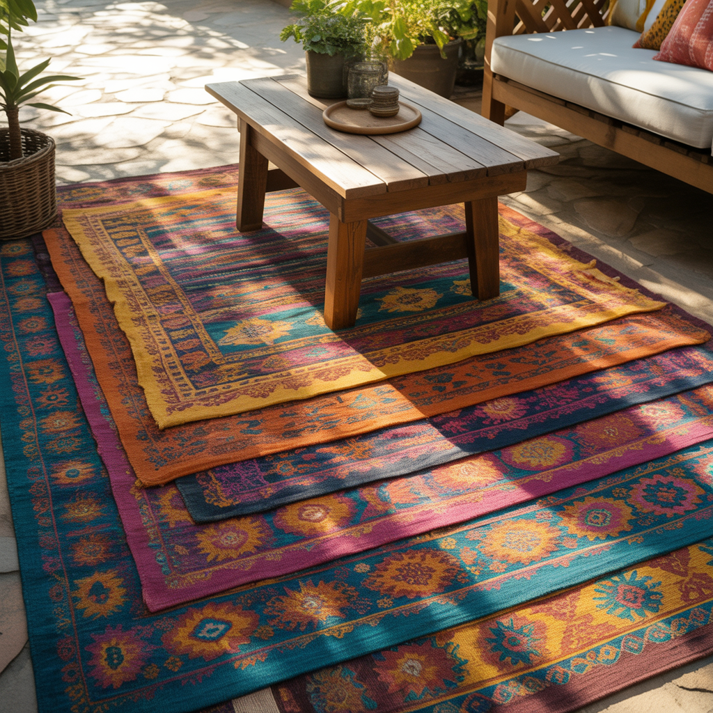 Outdoor Boho Patio Ideas for a Cozy Backyard Retreat 4 Layered outdoor rugs in vibrant boho patterns under a wooden coffee table on a patio.
