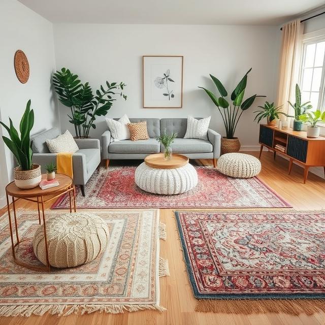 Layered rugs in a modern boho living room with poufs, plants and cozy seating arrangement