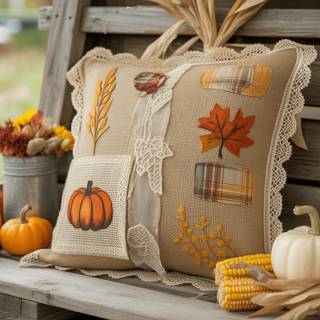 Linen pillow with dried flower and fabric appliqué design.