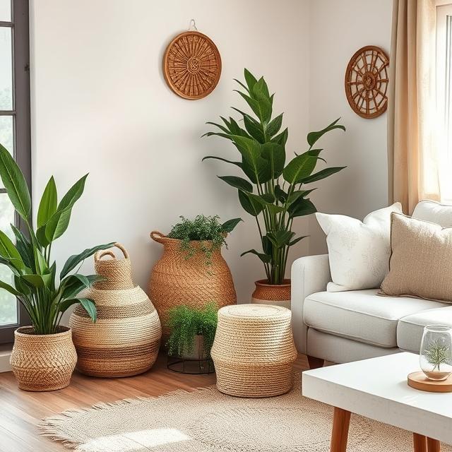 Living room corner with woven jute storage baskets, plants and neutral boho furniture, realistic warm setting