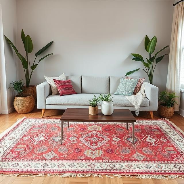 Living room with Moroccan-style boho rug, low coffee table, neutral sofa, plants and textured pillows, inviting vibe