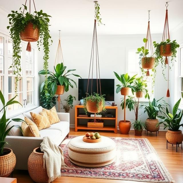 Living room with boho decor and large indoor plants, hanging planters, trailing vines, rattan pots, bright natural lighting