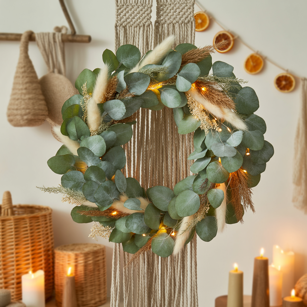 10 Stunning Boho Christmas Décor Ideas for a Whimsical Holiday Look 9 Lush eucalyptus wreath in a Boho Christmas Décor Ideas holiday setup.