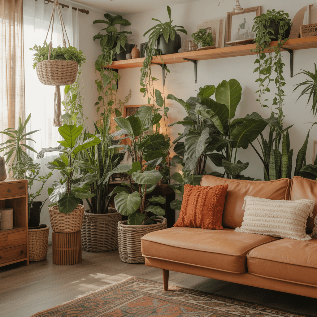 Lush indoor plants in a Boho Aesthetic Room Décor living room.