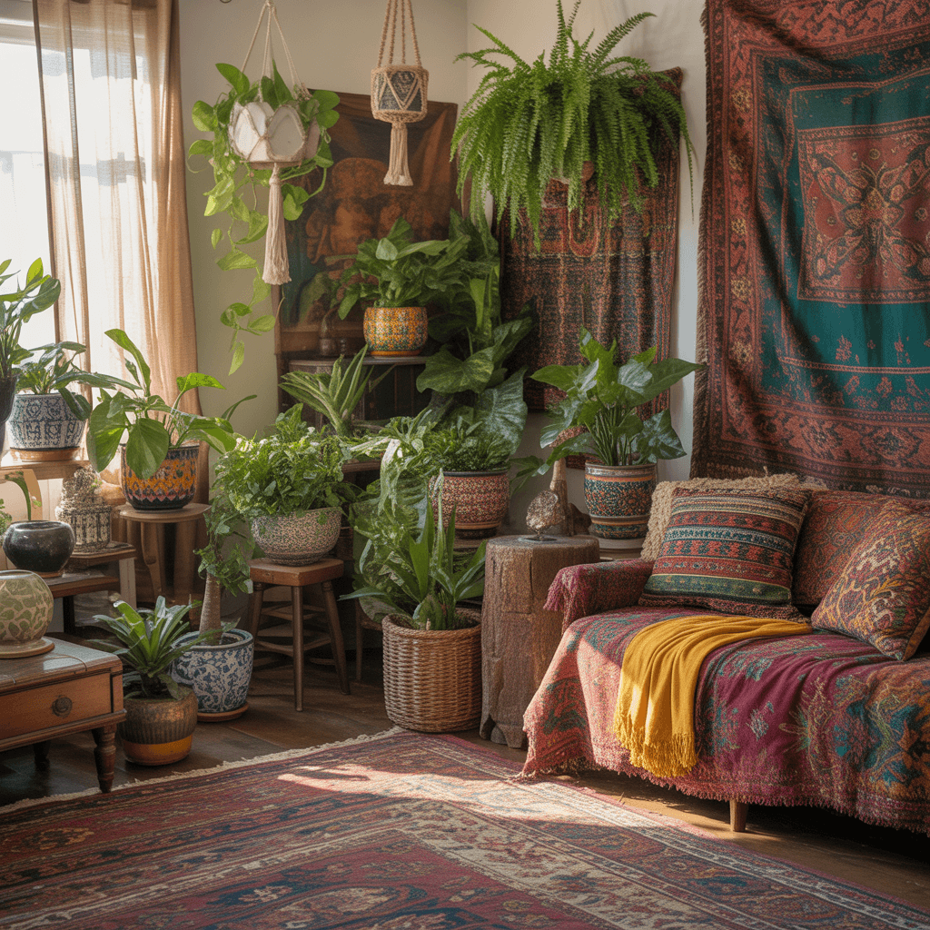  Lush plants in colorful pots in a Colorful Boho Interiors living room.