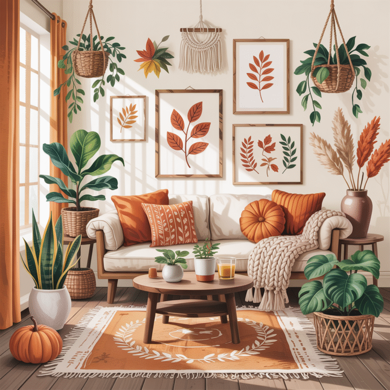 Lush plants with leaf printables in a Boho Fall Home Décor living room.