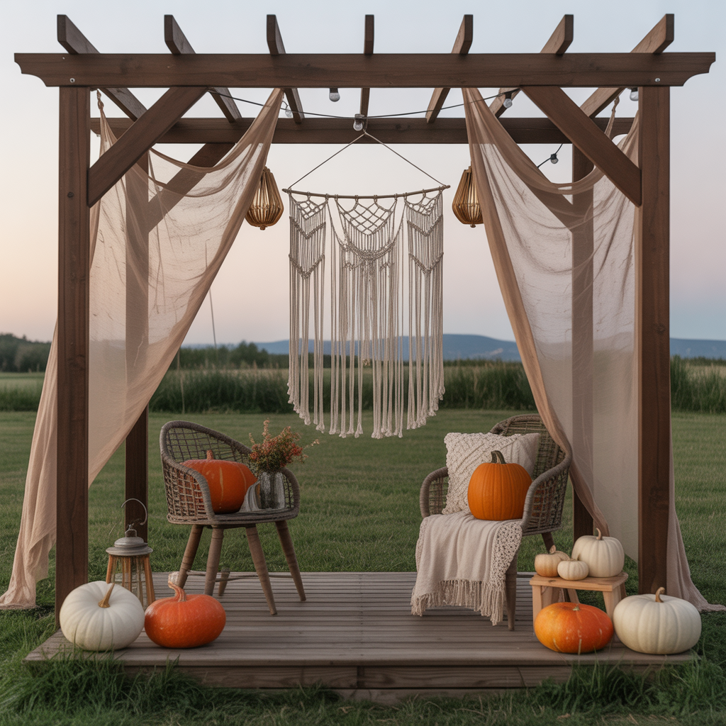 10 Boho Halloween Porch Ideas for a Cozy Outdoor Vibe 8 Macramé curtains and gauze fabric draped across a porch for boho Halloween ambiance.