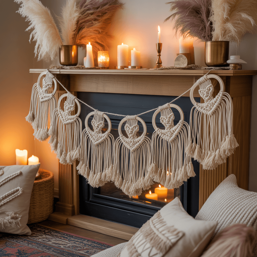 Macramé ghost garland hanging across a fireplace with candles below.