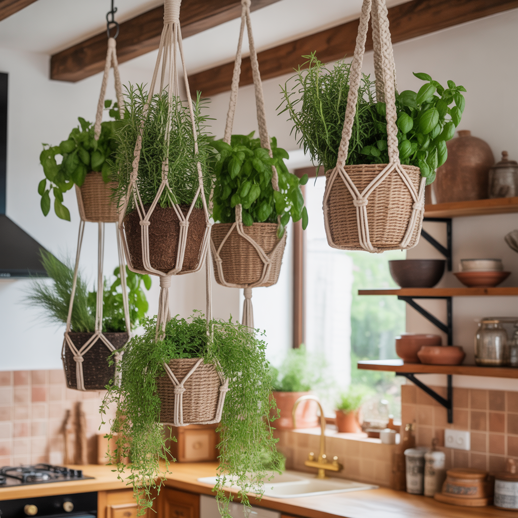 10 Best Boho Kitchen Makeover Ideas That Blend Function and Style 6 Macramé hangers holding terracotta pots with basil and thyme near a kitchen window, adding greenery to a boho space.