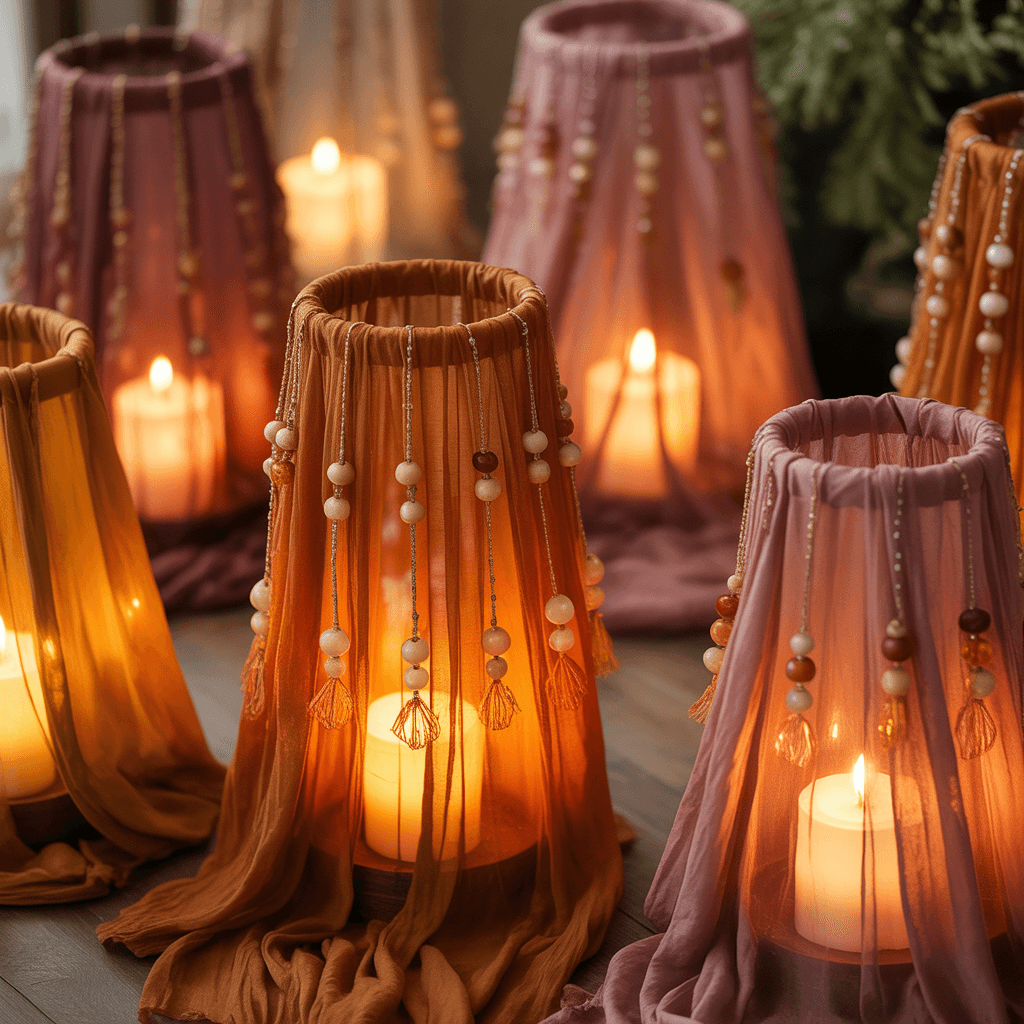 Macramé lantern wrap with wooden beads and flickering candlelight.
