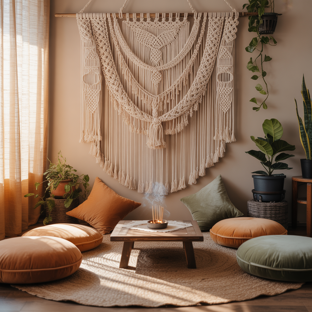10 Beautiful Boho Meditation Corner Ideas You Can Create at Home 5 Macramé wall hanging above a Boho Meditation Corner setup.
