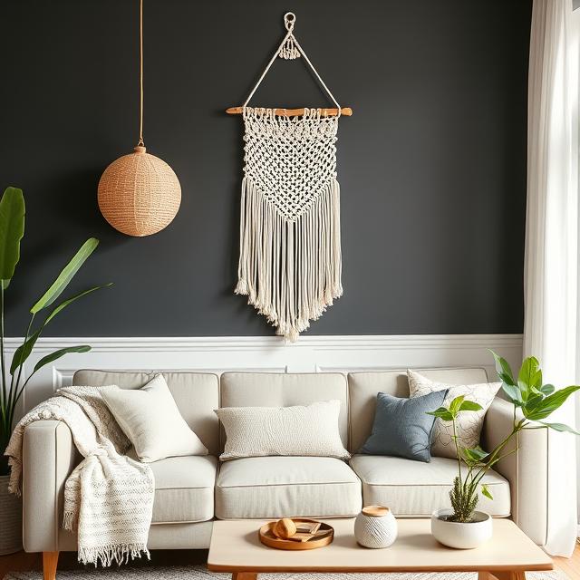 Macramé wall hanging above a modern boho couch, plants and neutral decor elements, cozy home setting