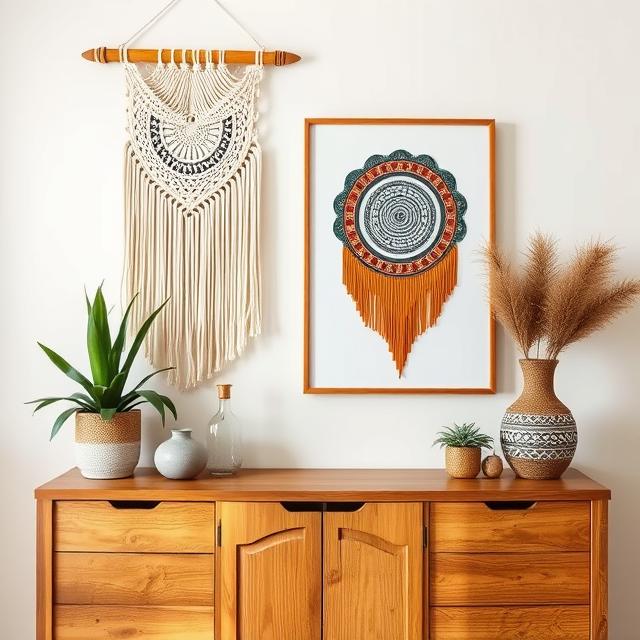 20 Modern Boho Home Décor Ideas for a Stylish 2025 Makeover 14 Macramé wall hanging and boho artwork above wooden console table.