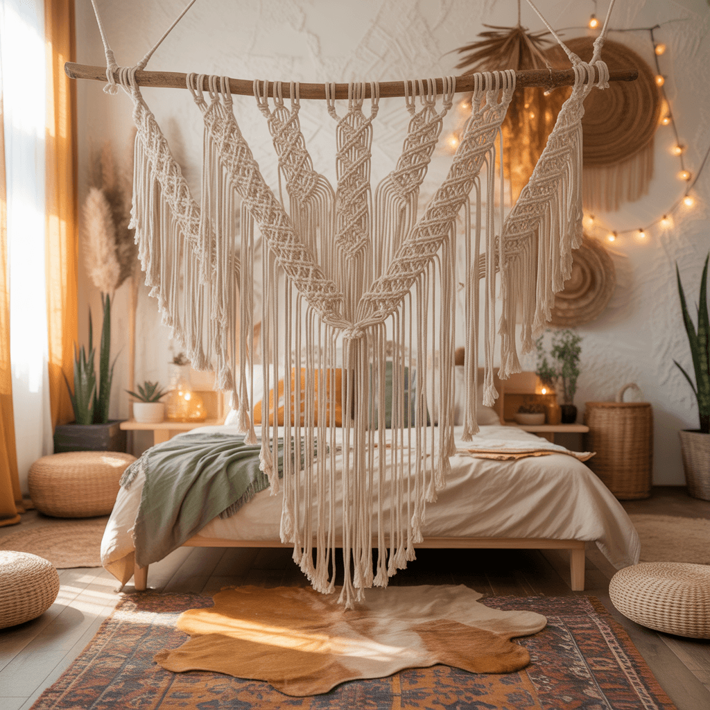 Macramé wall piece in a Boho Aesthetic Room Décor bedroom setup.