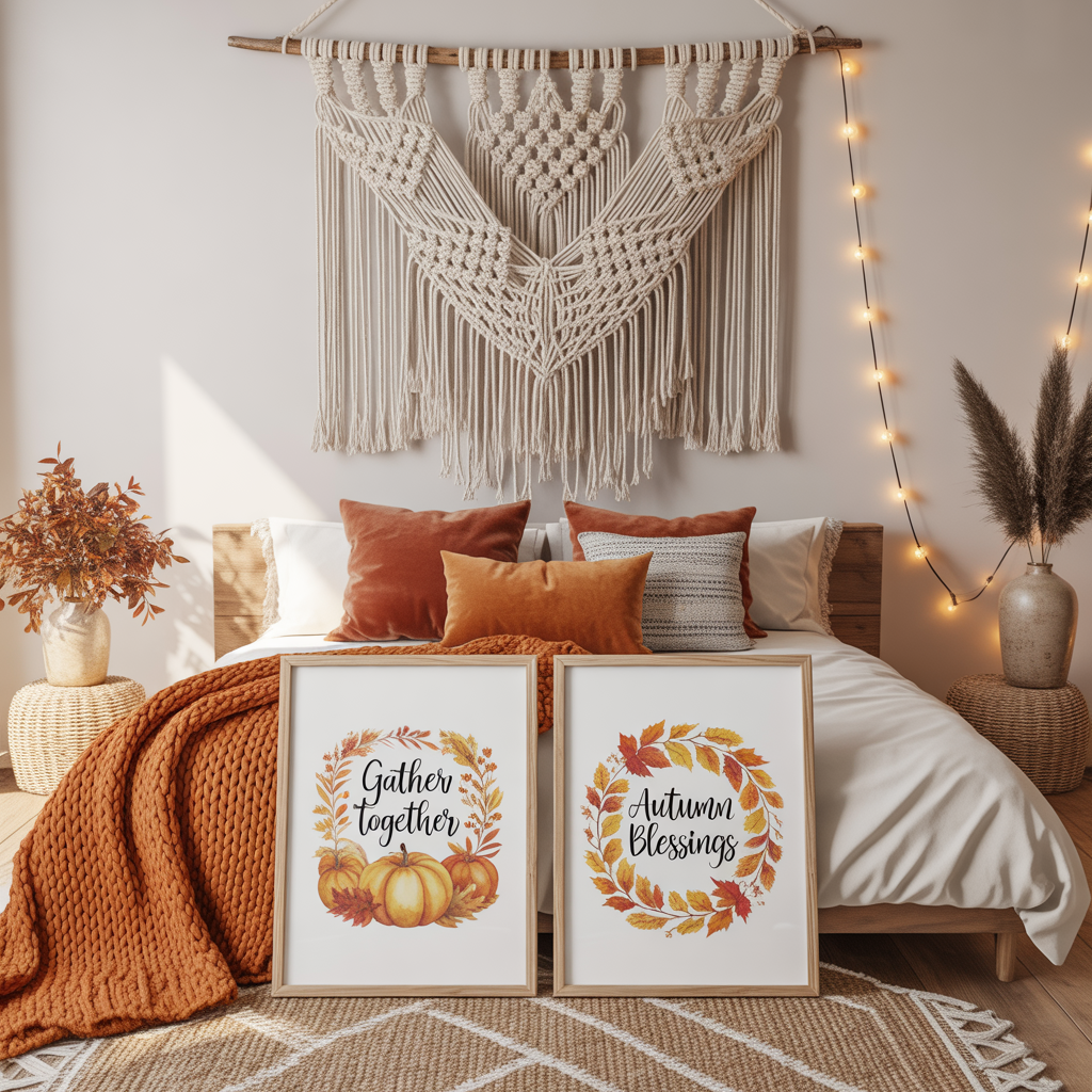 10 Cozy Boho Fall Home Décor Ideas with Free Wall Art Printables 4 Macramé wall piece with printable fall art in a Boho Fall Home Décor bedroom setup.
