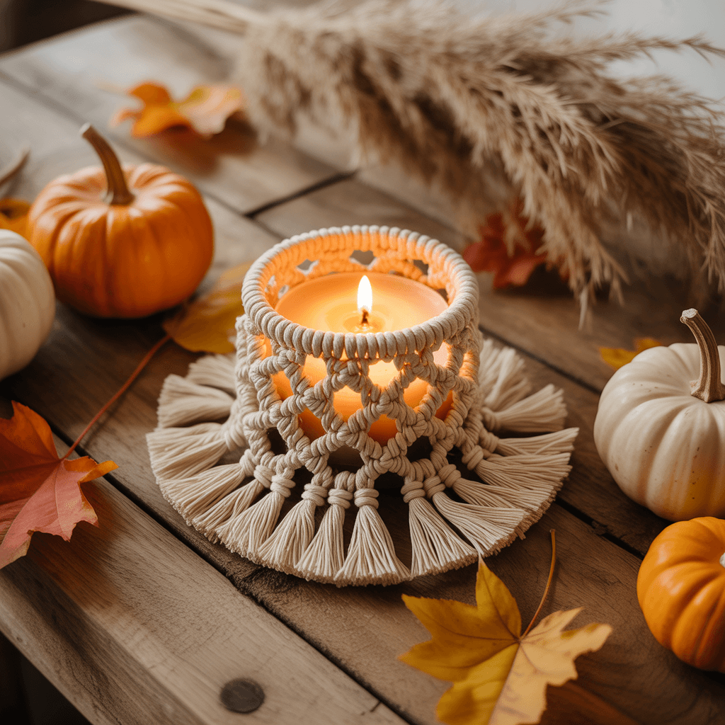 Macramé-wrapped glass candle holder glowing on wooden table.