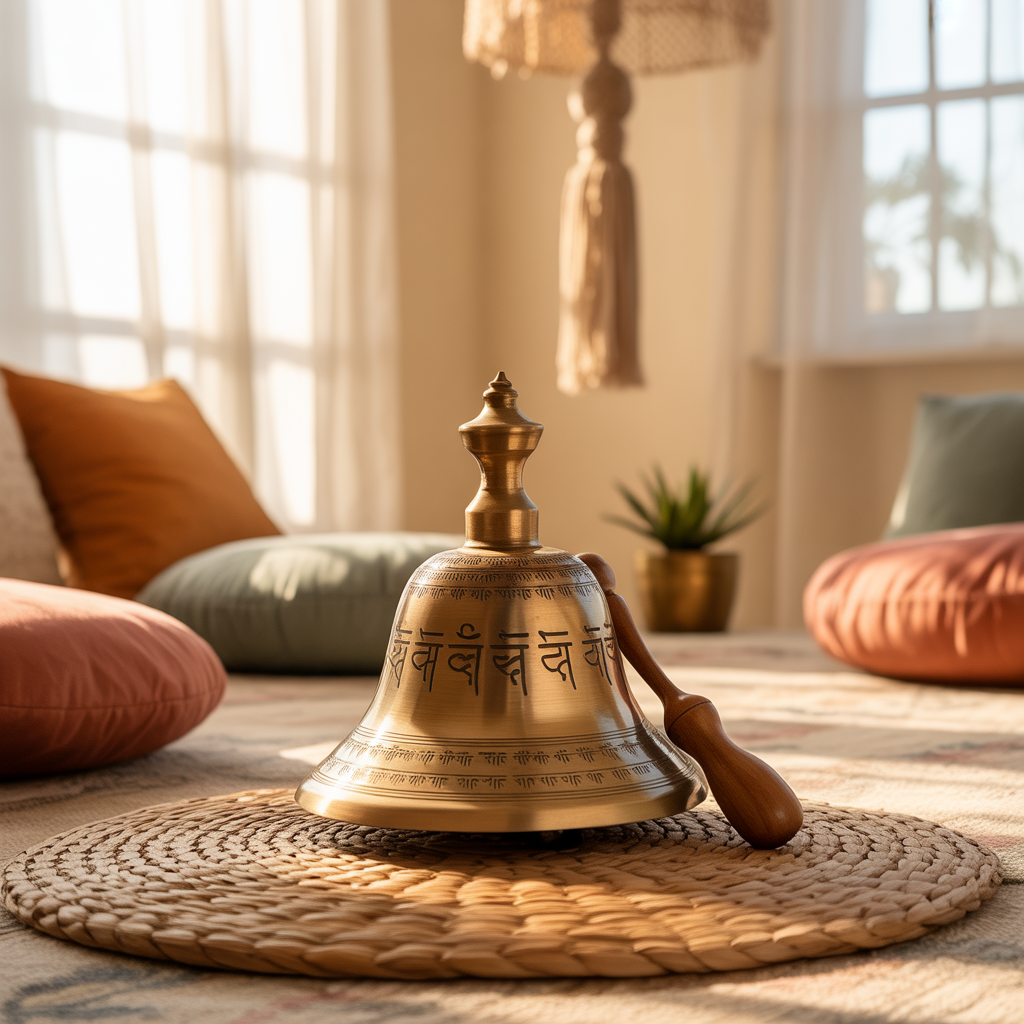 Boho Meditation Corner: 10 Brilliant Ideas 11 Meditation bell in a serene Boho Meditation Corner at home.